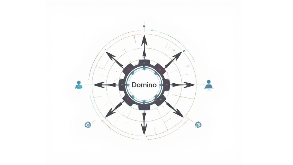 A diagram with a central 'Domino' hub and arrows radiating to user profiles and gear icons, illustrating connections.