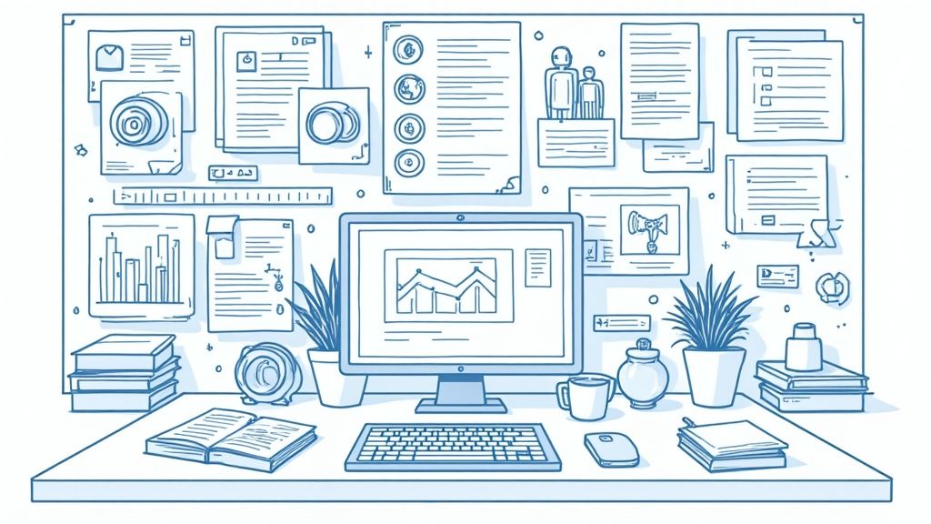 A person at a desk with a laptop, sticky notes, and diagrams, mapping out a strategic plan on a whiteboard