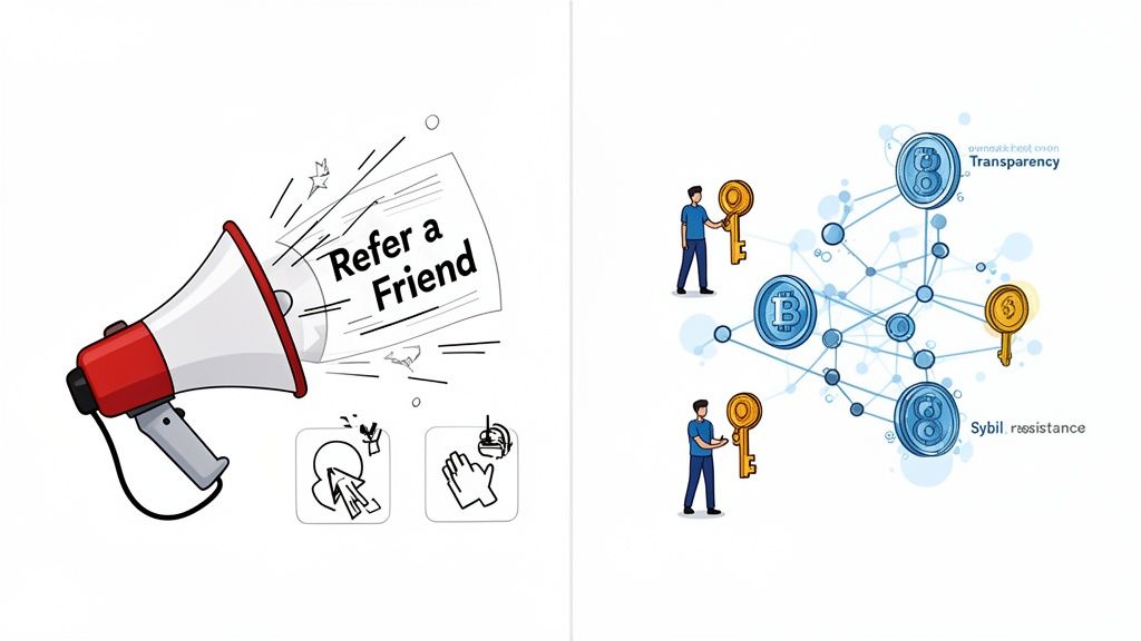Megaphone promoting 'Refer a Friend' and a Web3 network illustrating transparency and Sybil resistance.