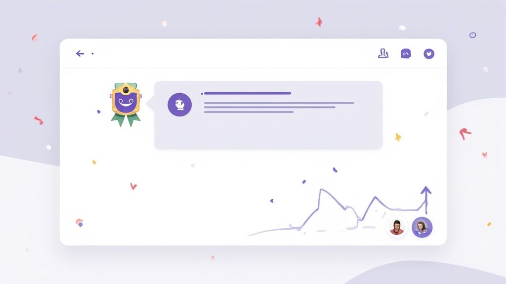 Discord bot interface displaying user achievement badge, statistics chart, and profile avatars with purple theme
