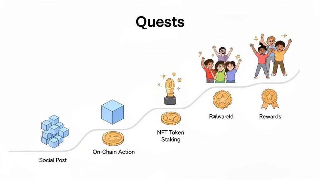 Illustration showing a progression of digital quests from social posts and on-chain actions to NFT staking, leading to rewards.