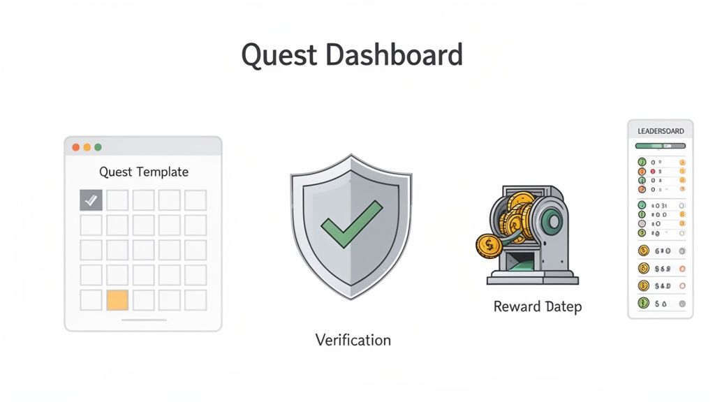 A 'Quest Dashboard' showing a quest template, verification shield, reward machine, and leaderboard for gamified tasks.