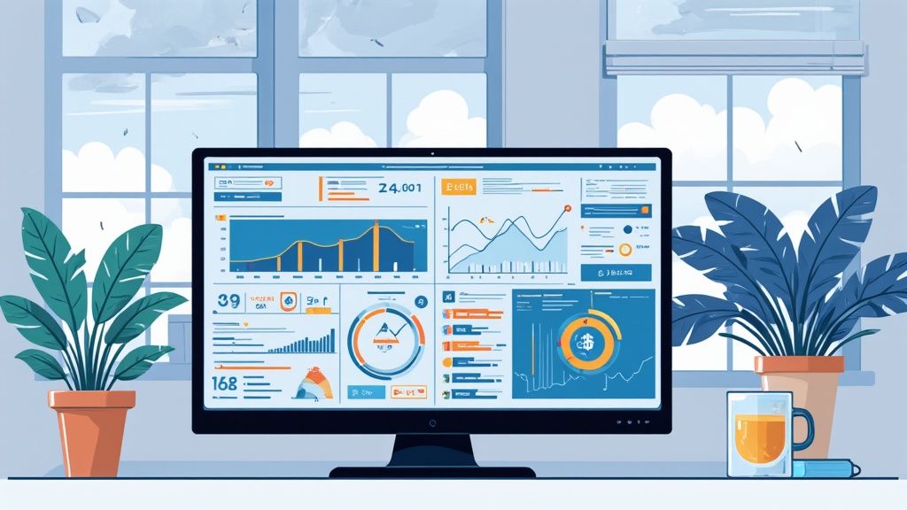 A monitor displaying a clean data dashboard in a modern office with plants and a window.