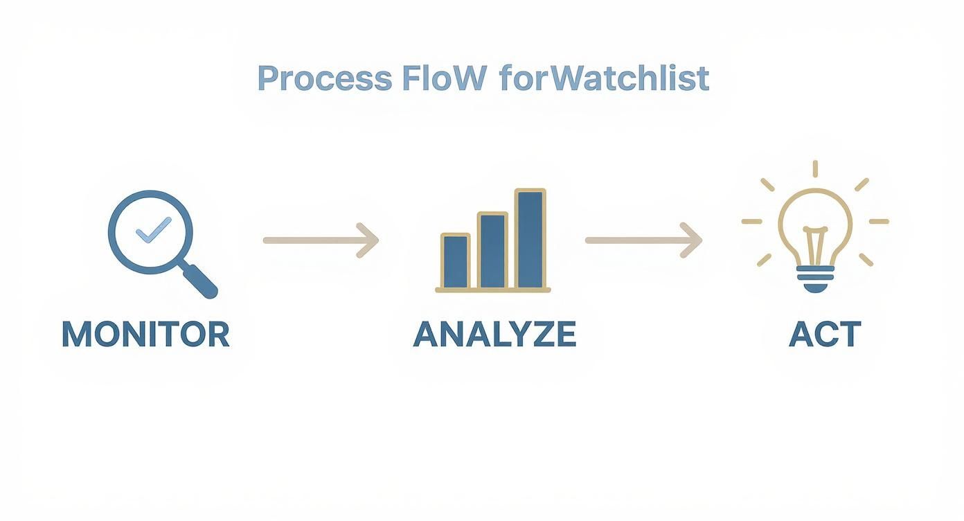 A process flow diagram for a watchlist, illustrating steps to Monitor, Analyze, and Act.
