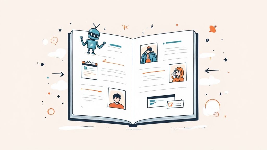 Illustration of an open book with a robot, diverse avatars, and digital content elements.