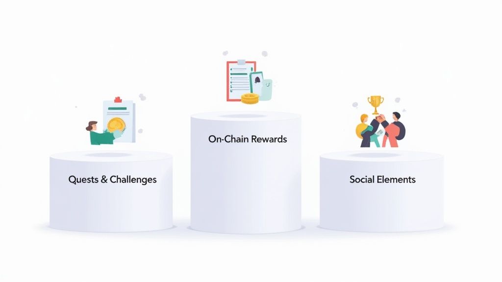 Three pillars illustrating quests, on-chain rewards, and social elements for crypto gamification.