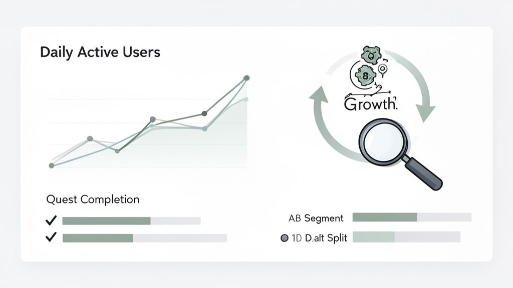 A dashboard displaying daily active users graph, quest completion, and a growth analytics cycle with AB testing.