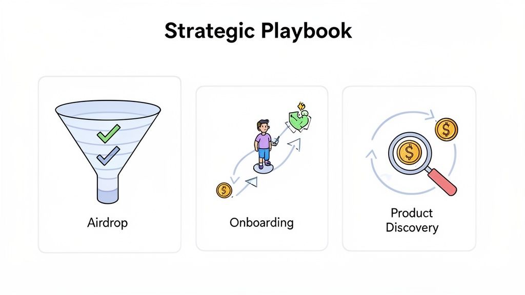A strategic playbook with three cards illustrating Airdrop, Onboarding, and Product Discovery processes using distinct icons.