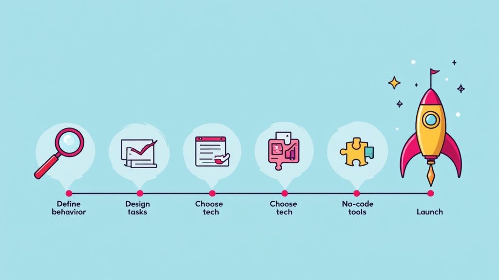 A vibrant infographic outlining six steps for project development, from defining behavior to launch, including no-code tools.