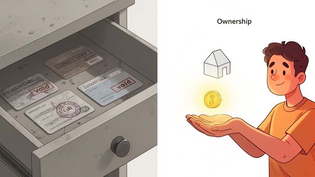 A drawer of old loyalty cards contrasted with a man holding a glowing key coin and house for digital ownership.