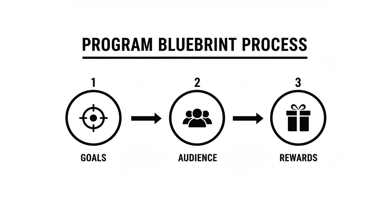 Flowchart showing the program blueprint process: 1. Goals, 2. Audience, 3. Rewards.