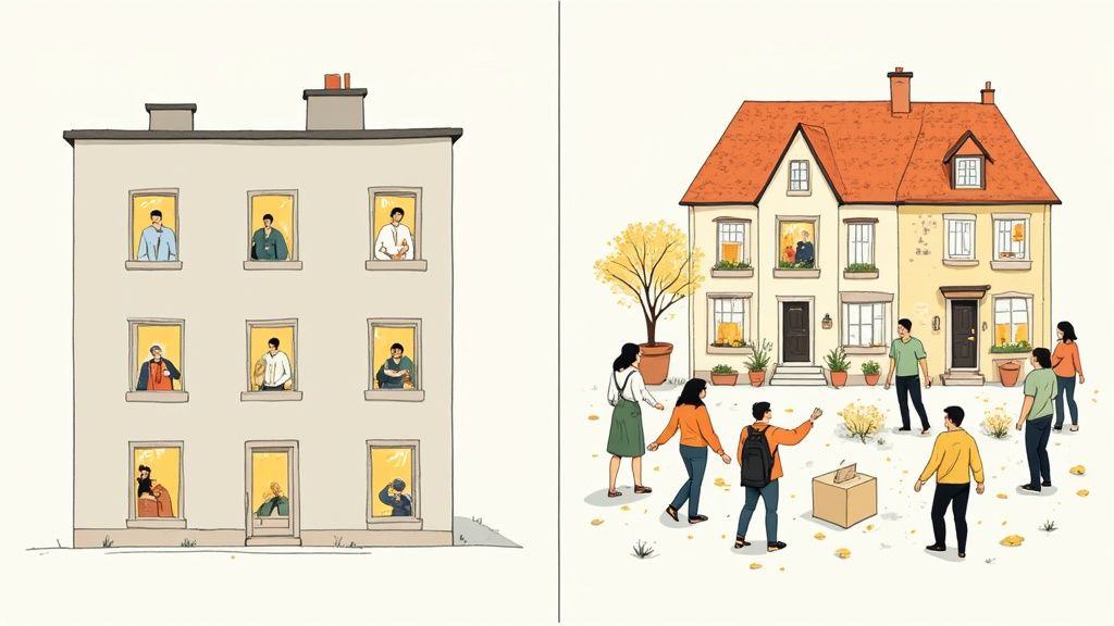 Illustration contrasting isolated individuals in apartment windows with a vibrant community outside houses.
