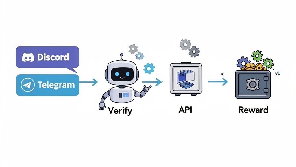 A process diagram showing Discord and Telegram input, verified by a bot, processed via API, leading to a reward safe with coins.