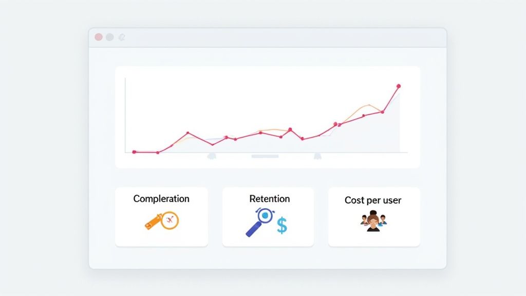 Analytics dashboard showing upward trending graph with three metric cards for completion, retention, and cost per user