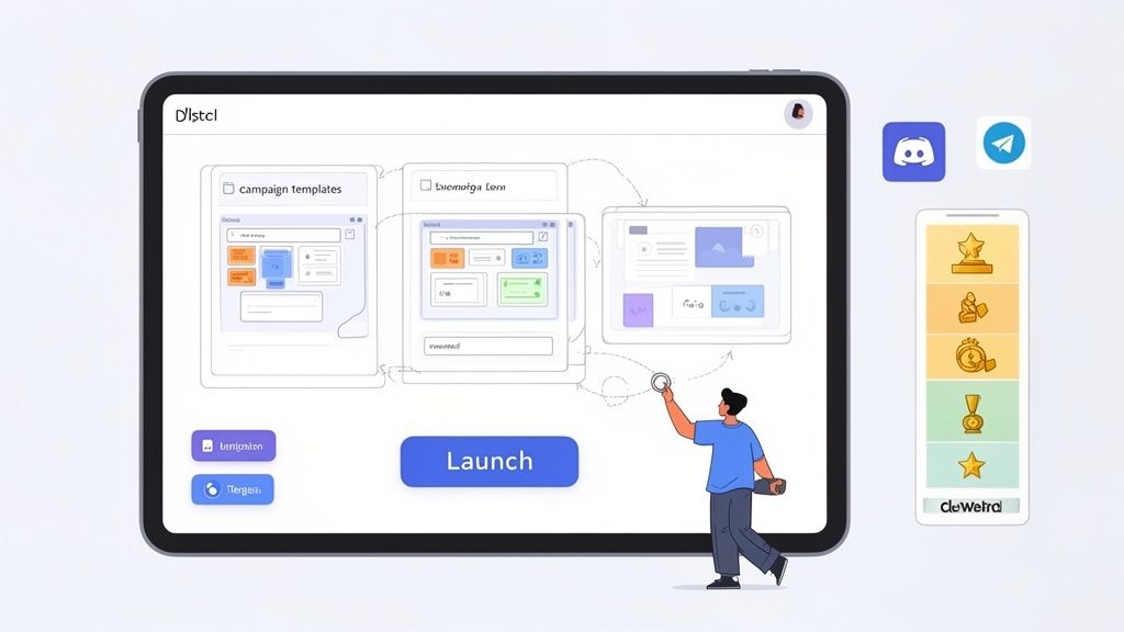 A person manages digital campaign templates and loyalty rewards on a tablet with social app integrations.