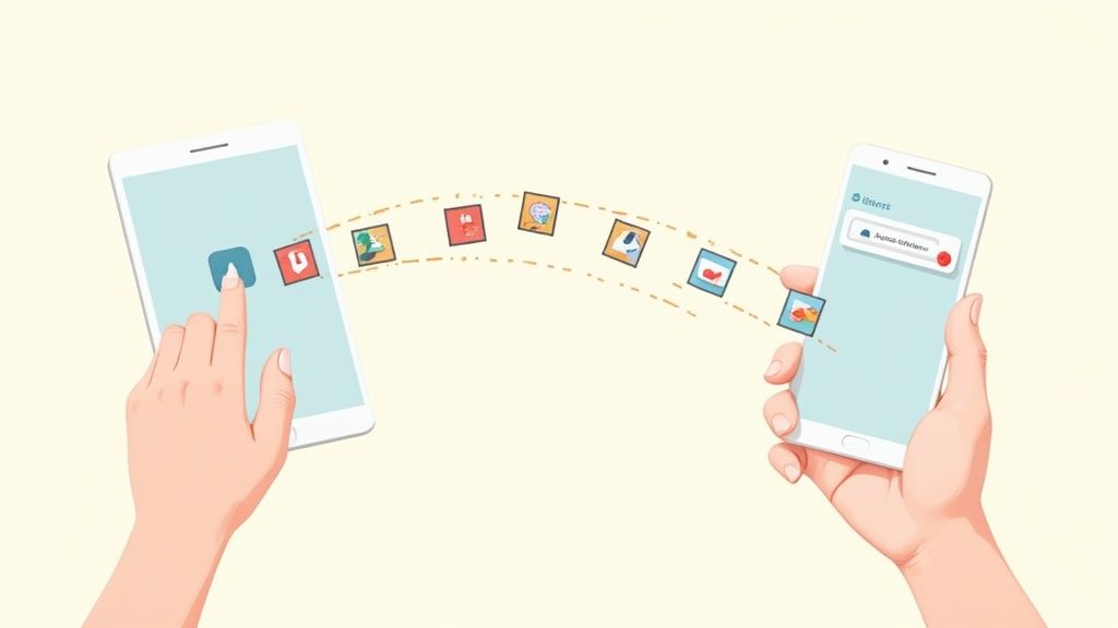 A person using AirDrop on their iPhone to share a photo with a friend's MacBook.