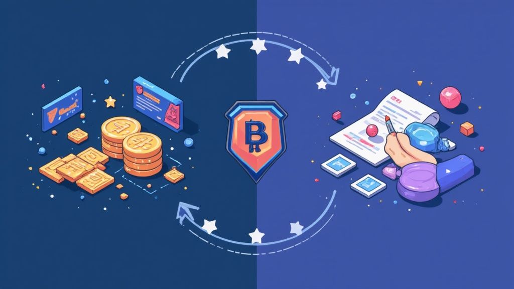Illustration of cryptocurrency coins and tokens, and a hand signing a digital document, linked by a blockchain shield.