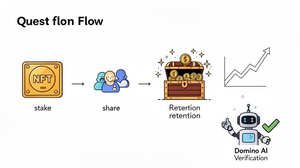 Flowchart depicting NFT staking, user sharing, retention growth, and AI verification for app engagement.