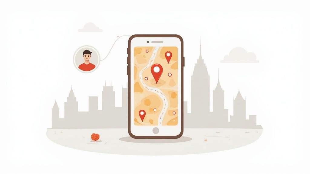 A person holding a phone with a treasure map on the screen, indicating a treasure hunting app.