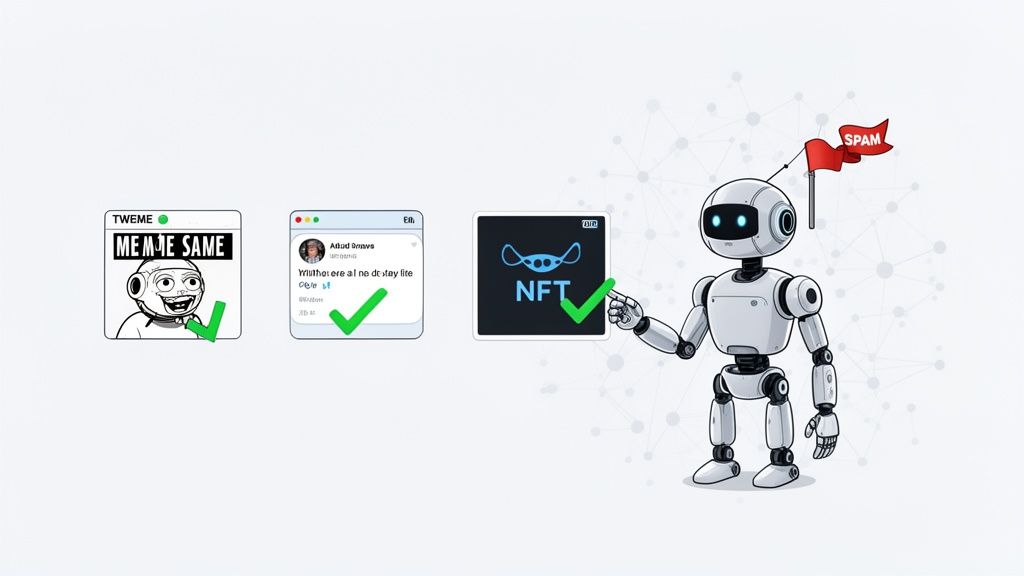 A robot with a 'SPAM' flag points to verified digital content including memes, social media, and NFTs.