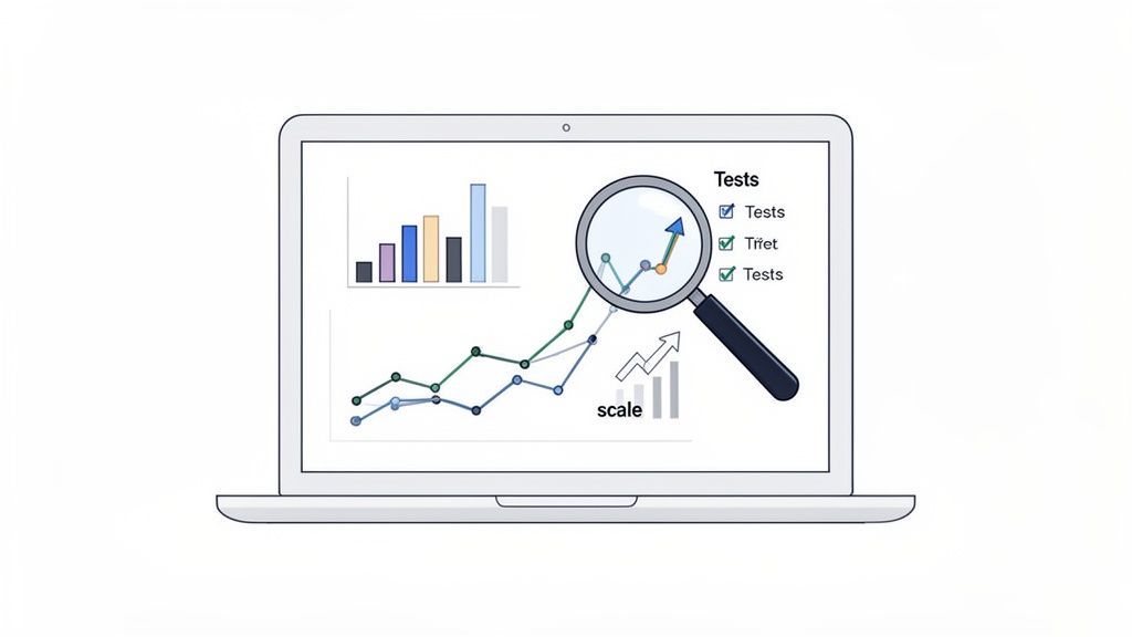 A laptop screen displaying data analysis charts with a magnifying glass highlighting an upward trend.