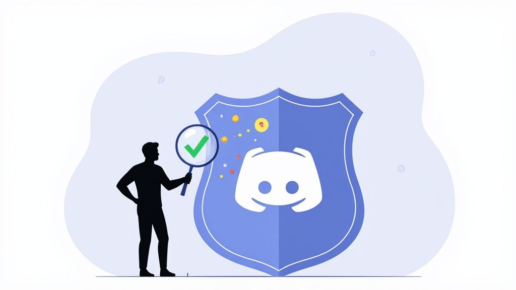 A silhouette of a man inspecting a Discord logo on a shield with a magnifying glass, signifying security.
