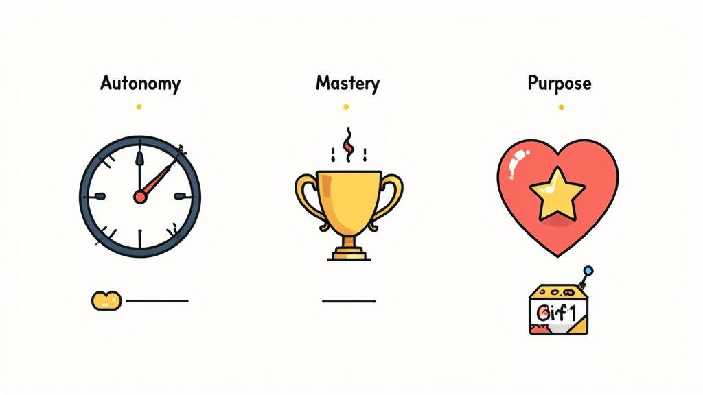 Three illustrations representing intrinsic motivation: autonomy (clock), mastery (trophy), and purpose (heart).