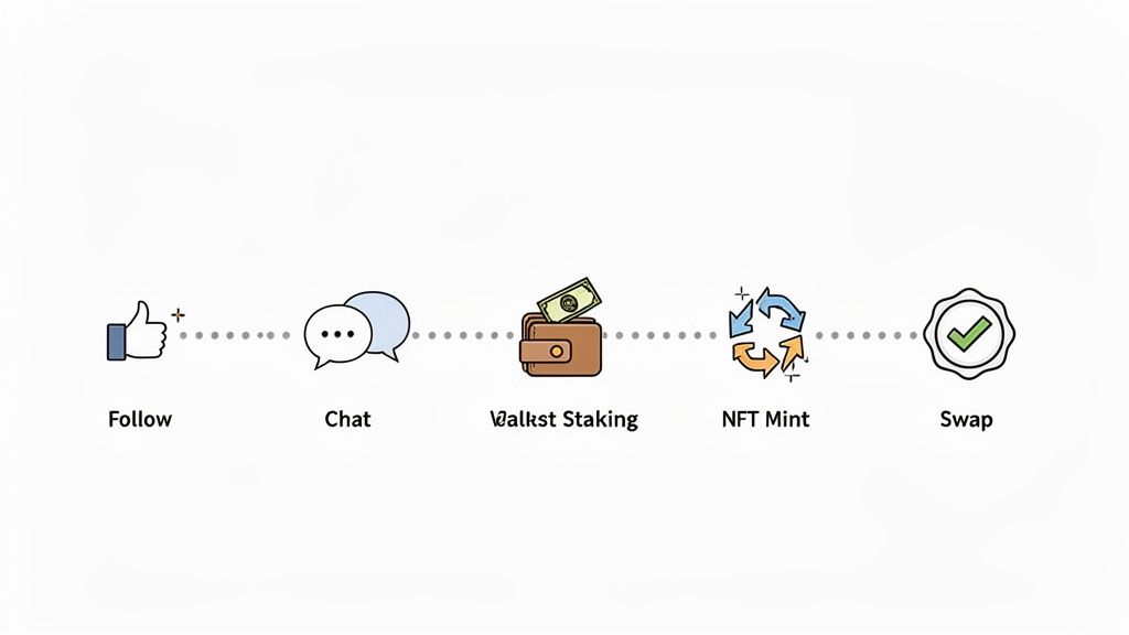 A sequence of five icons depicting a digital user journey: Follow, Chat, Wallet Staking, NFT Mint, and Swap.