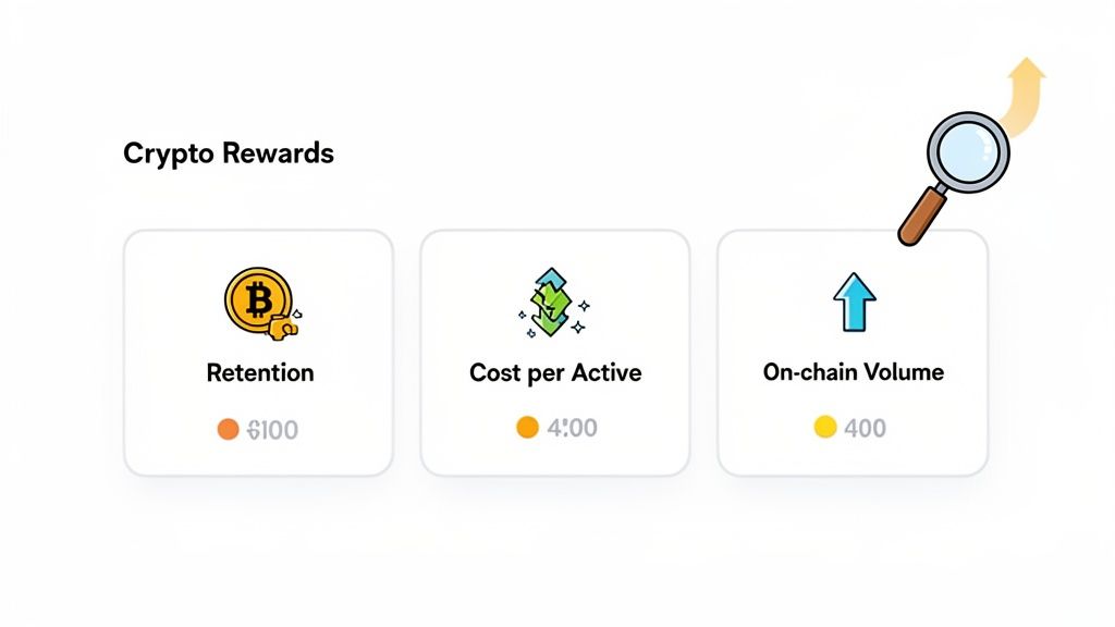 Three cards detailing crypto rewards metrics: Retention, Cost per Active, and On-chain Volume, with a magnifying glass.