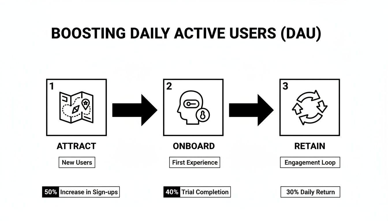 Flowchart illustrating three stages to boost Daily Active Users: Attract, Onboard, and Retain, with key metrics.