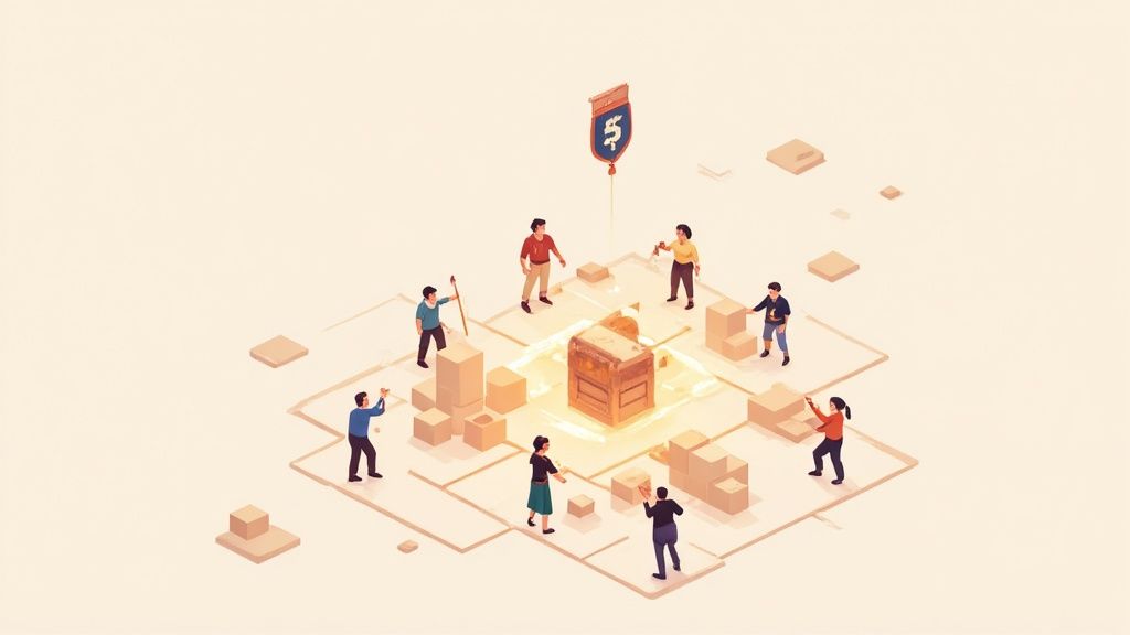 Diverse people collaborate around a glowing treasure chest on an isometric platform.