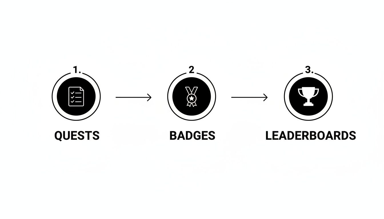 Diagram illustrating a gamification process with quests, badges, and leaderboards icons.