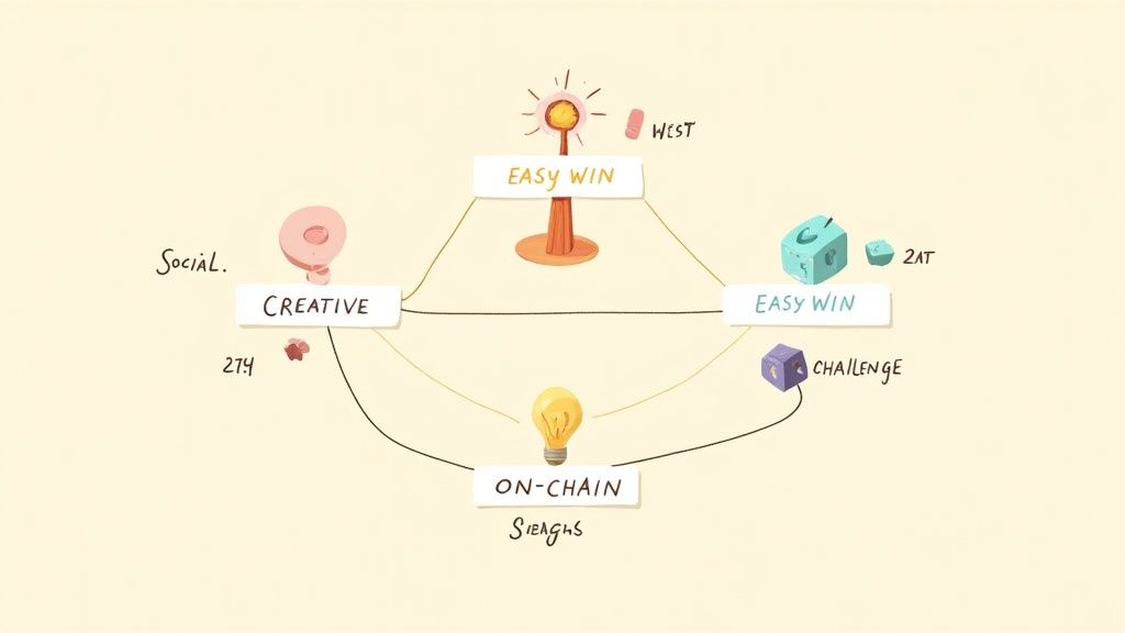 Diagram showing Block Party app game mechanics with easy win, creative, on-chain, and challenge features