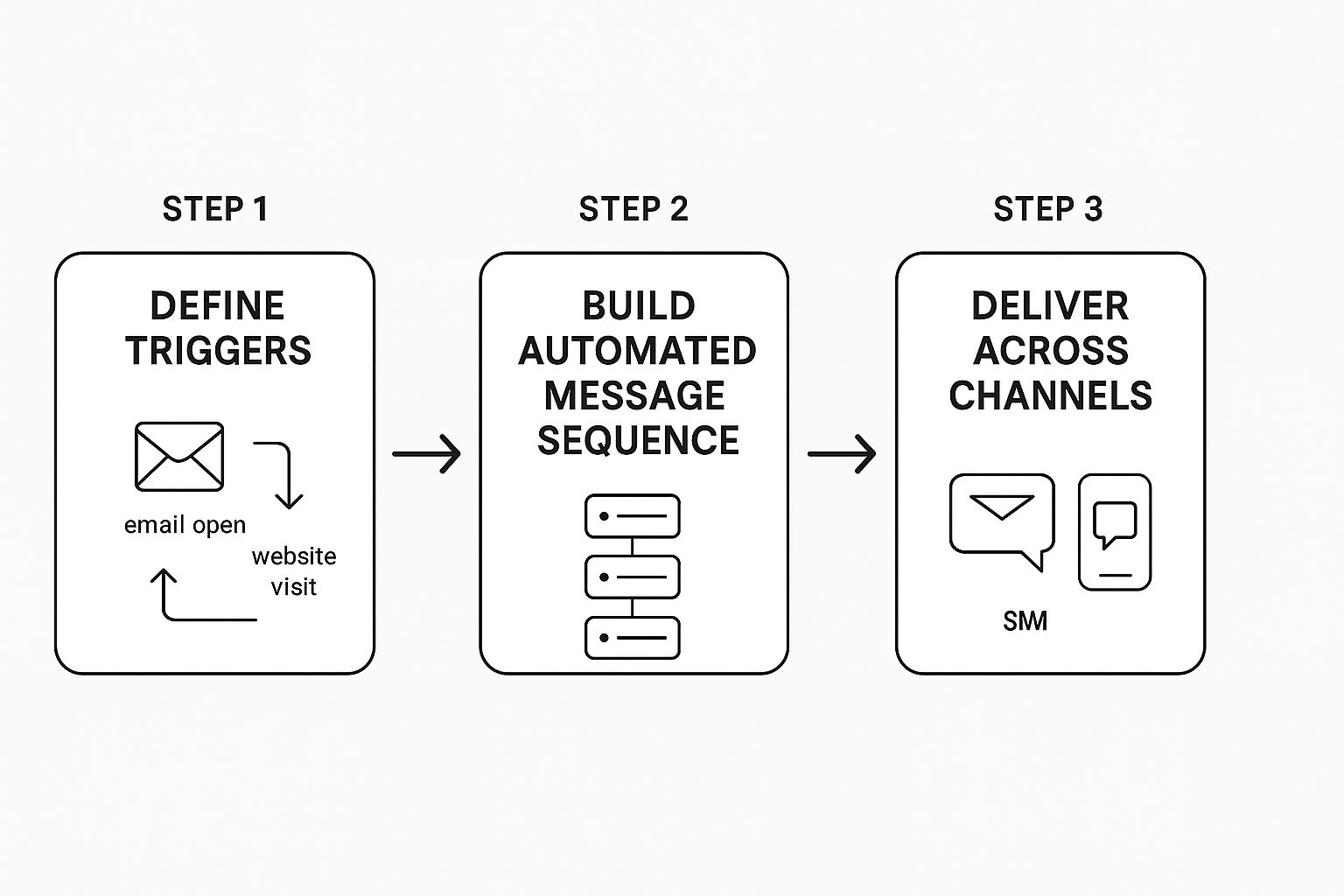 An infographic showing a three-step campaign automation process from defining triggers to delivering messages across channels.