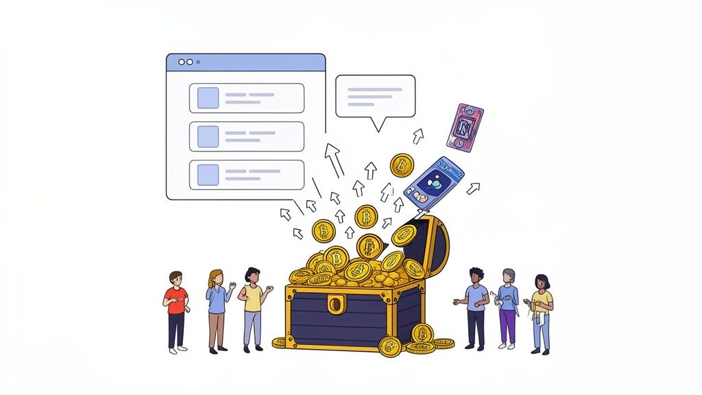 Users earn Bitcoin from a social media platform and mobile apps, filling a treasure chest.