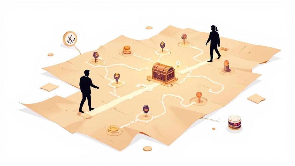 A stylized treasure map shows a path leading to a glowing chest, with two people walking.