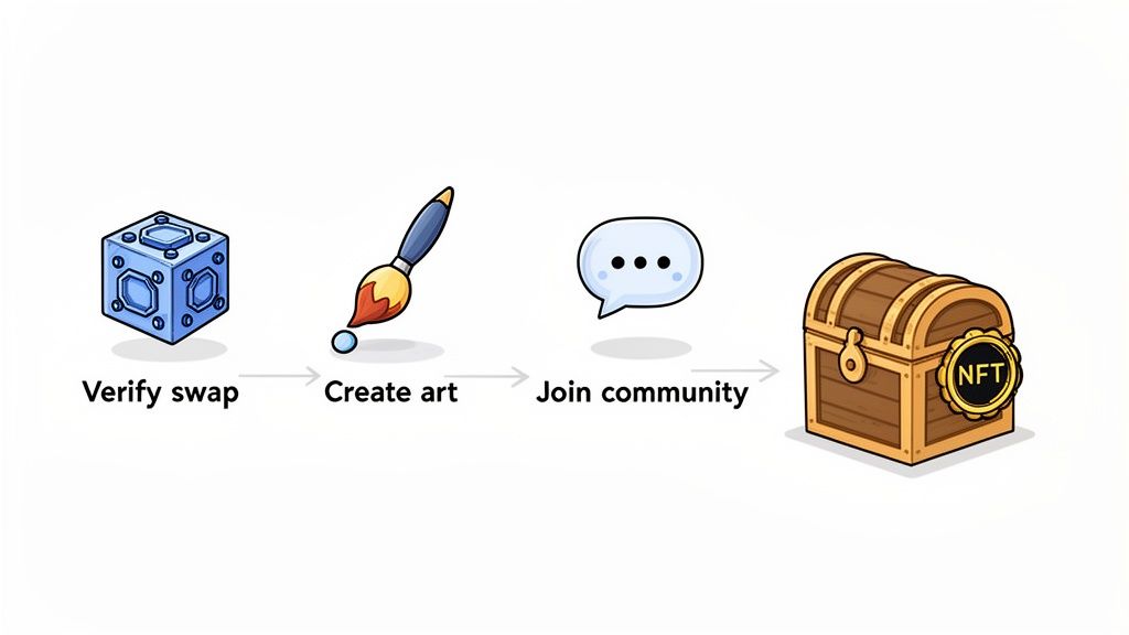 A diagram illustrating the steps for NFT creation, from verifying a swap to joining a community.