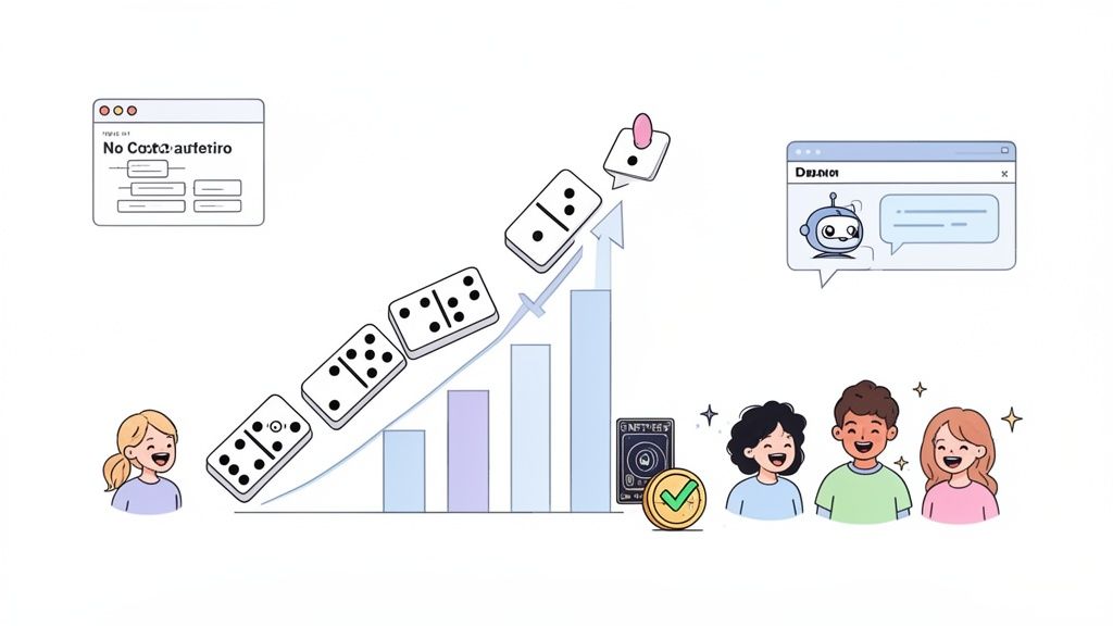 An illustration showing no-code solutions, AI chatbot, growth, digital assets, and happy users, implying a successful loyalty platform.