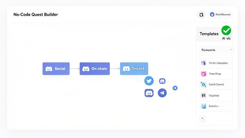 No-code quest builder software interface showing a workflow of social, on-chain, and Discord steps.
