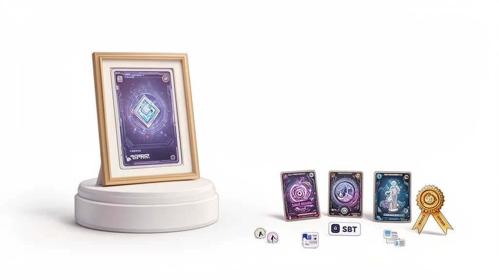 Digital assets, including a framed card, multiple unframed cards, and a gold medal.