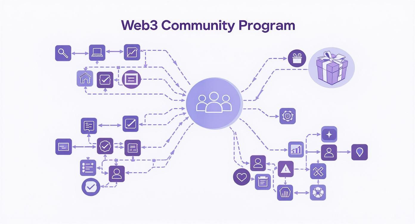 A Web3 community program diagram showing engagement, tasks, and rewards for members.