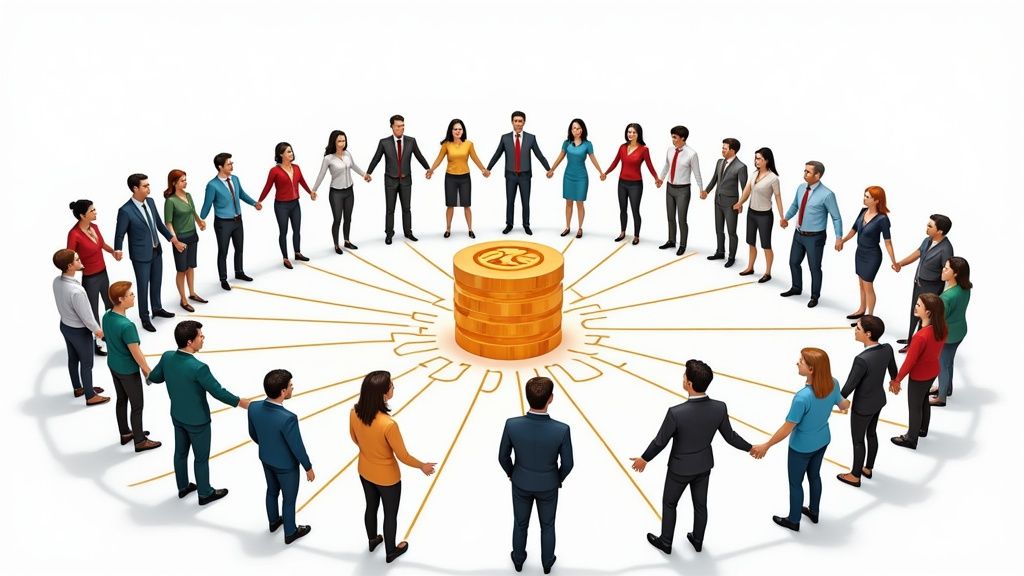 A dynamic illustration showing a diverse group of people collaborating and interacting around a central, glowing token, symbolizing community and shared ownership in Web3.