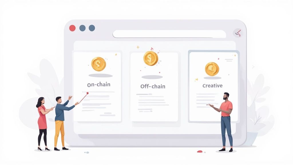 Three people presenting cryptocurrency wallet options including on-chain, off-chain, and creative token solutions