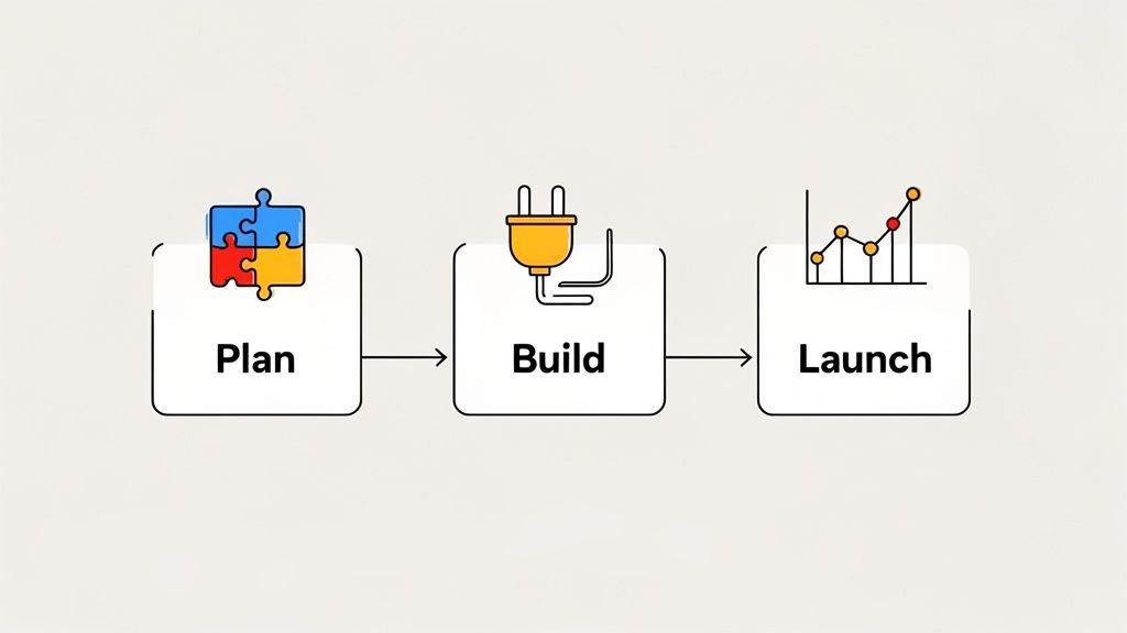 A three-step process flowchart: Plan with puzzle pieces, Build with an electrical plug, and Launch with a trend graph.