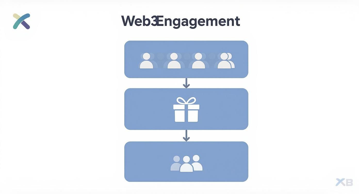 A Web3 engagement diagram showing a flow from users to rewards and then to a community.