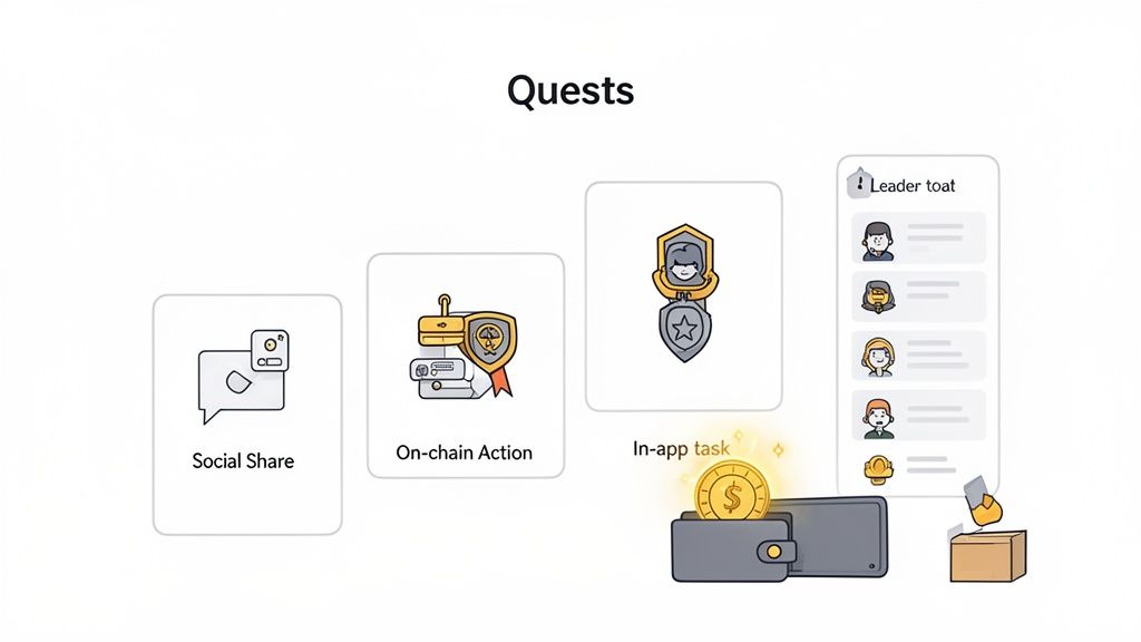 Illustration showing different types of quests: social share, on-chain action, and in-app tasks with rewards and a leaderboard.