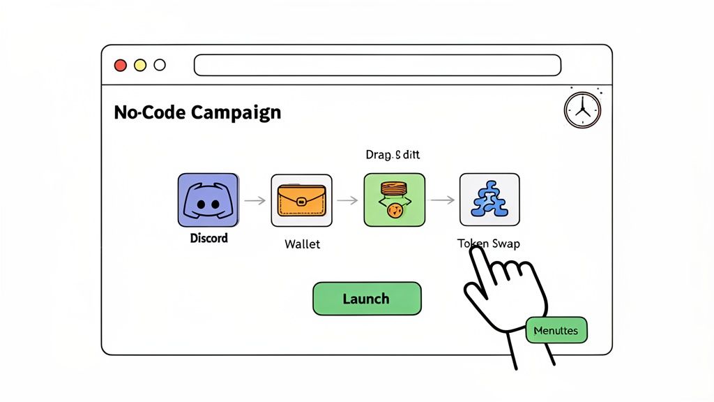 A web browser showing a 'No-Code Campaign' workflow with Discord, Wallet, and Token Swap steps.