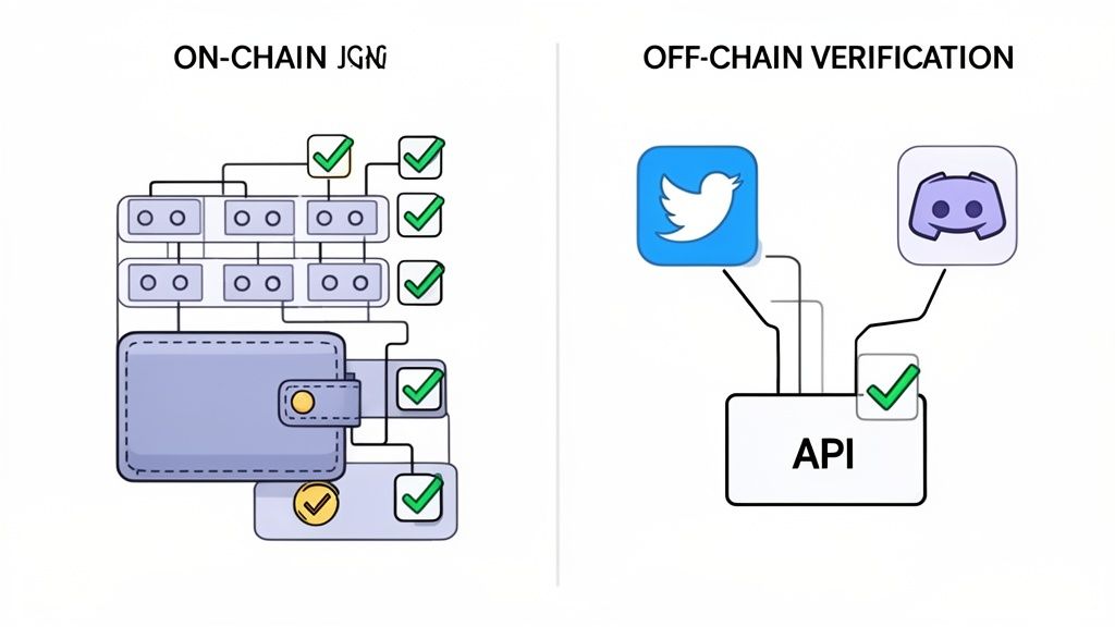 Diagram contrasting on-chain wallet and smart contract interactions with off-chain API verification for Twitter and Discord.
