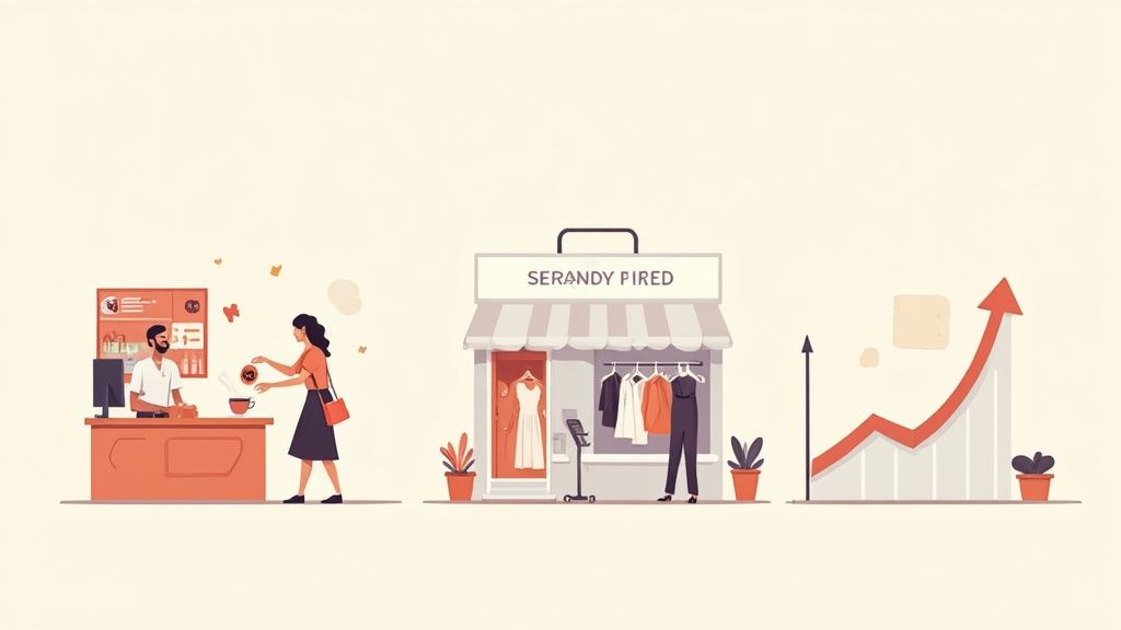 Illustration of a cafe transaction, a clothing store with mannequins, and an upward trending sales graph.