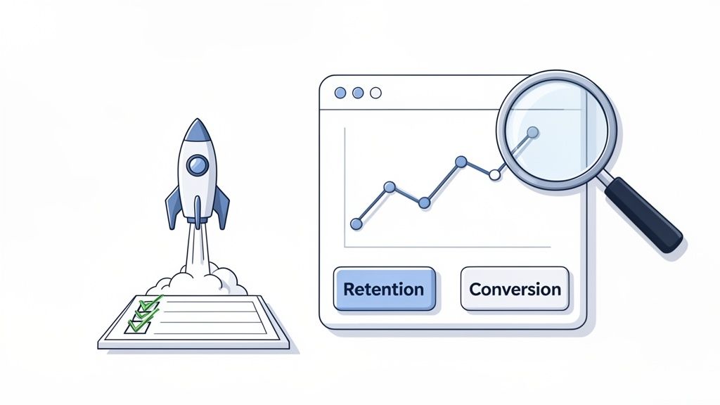 Rocket launching from a checklist, next to a magnified growth chart showing retention and conversion metrics.